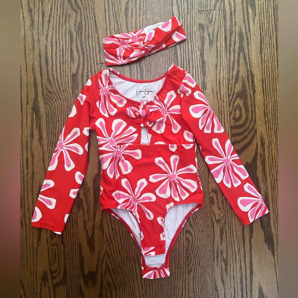 Jessica Simpson Red and Pink Floral Toddler Swim One Piece w/ Sleeve & Headband